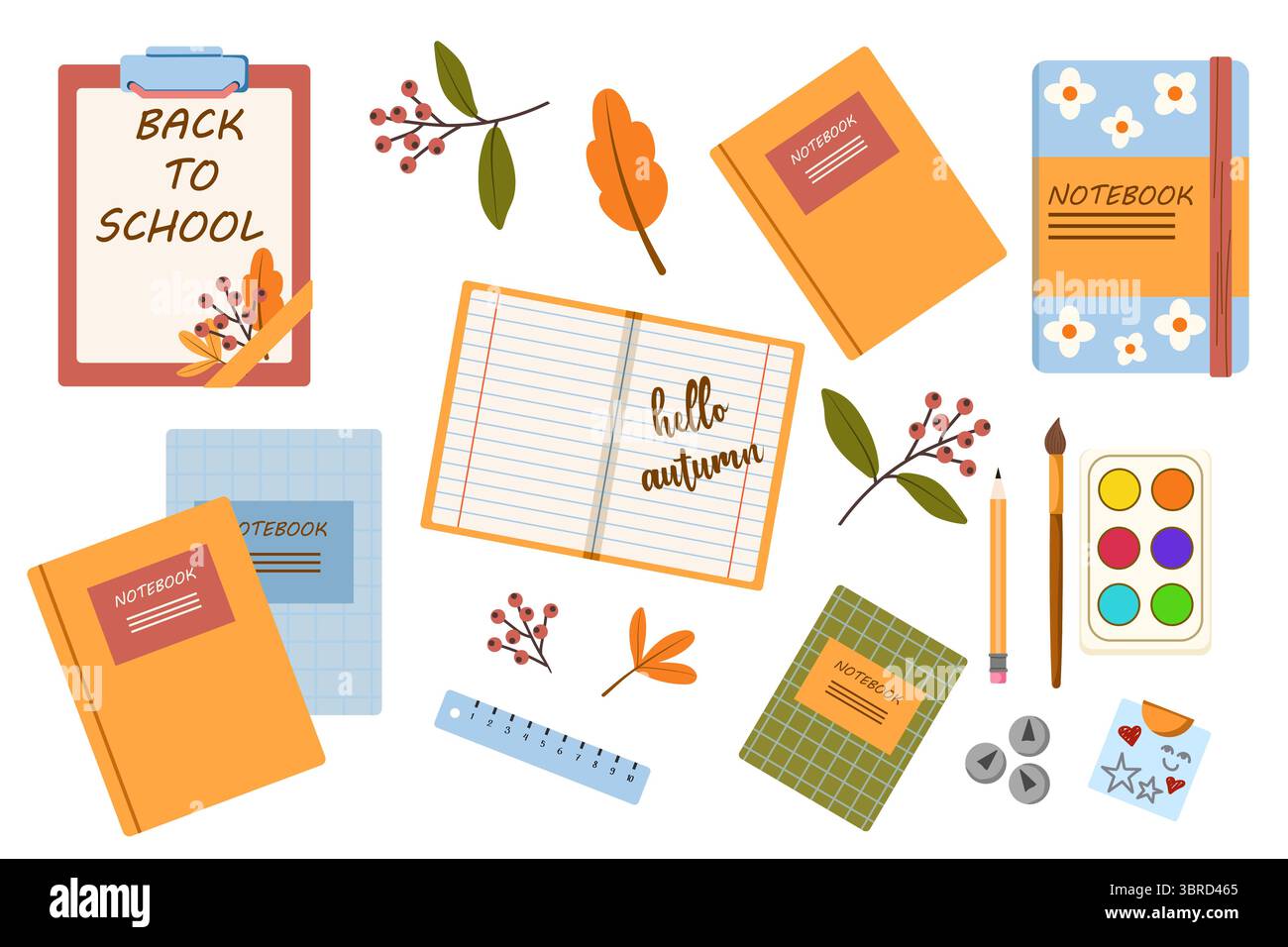 Vettore piatto isolato bianco con set colorato di oggetti per la scuola o l'ufficio. Set di ritorno a scuola con penna, quaderni e foglie autunnali Illustrazione Vettoriale