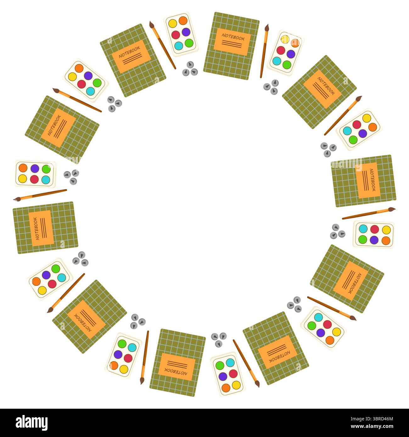 Cornice rotonda con quaderni scolastici e foglie autunnali. Illustrazione vettoriale piatta "ritorno a scuola" con penna, notebook e foglie autunnali. Illustrazione Vettoriale