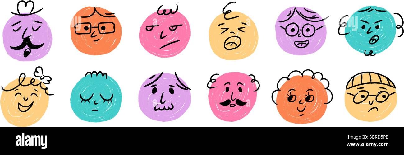 Icone astratte del viso emoji del pastello. Emoticon disegnati a mano con emozioni diverse. Set di caratteri vettoriali Doodle Illustrazione Vettoriale