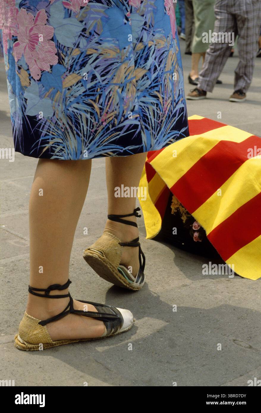 Spagna cattedrale di barcellona folcloristica danze domenicali sardane bandiera catalana e espadrille tipiche scarpe fatte a mano Foto Stock