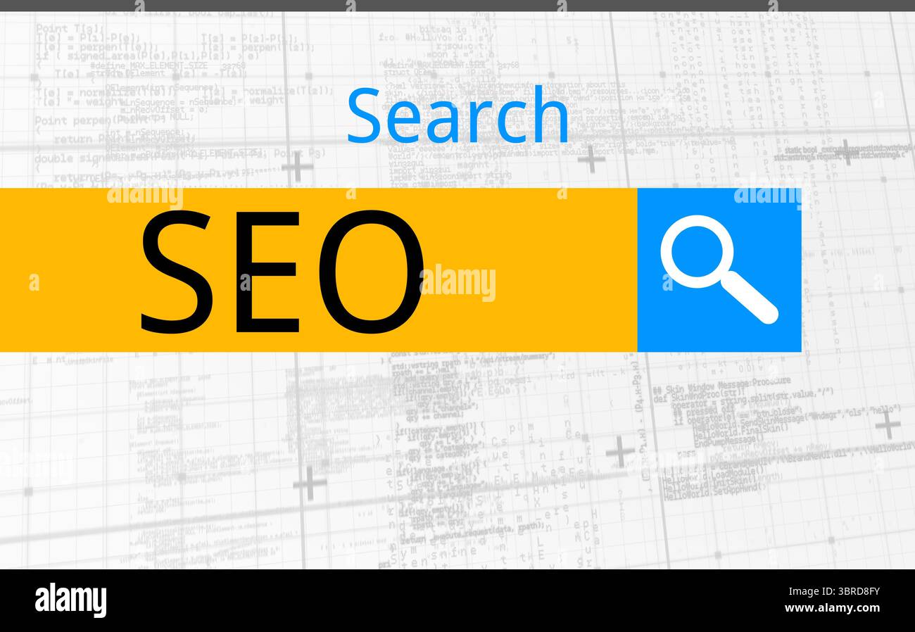 Logo di una barra di ricerca in cui è scritto SEO Foto Stock