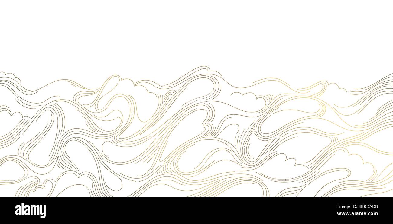 Linea vettoriale mare astratto, disegno oceanico, moderno sfondo asiatico del fiume. Onde d'acqua della natura orientale, struttura ornamentale. Illustrazione Vettoriale