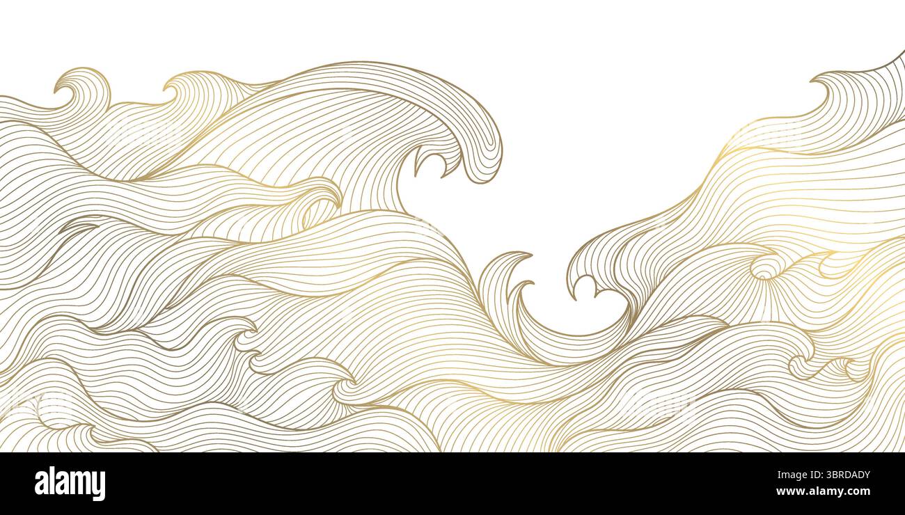 Linea vettoriale mare astratto, disegno oceanico, moderno sfondo asiatico del fiume. Onde d'acqua della natura orientale, struttura ornamentale. Illustrazione Vettoriale