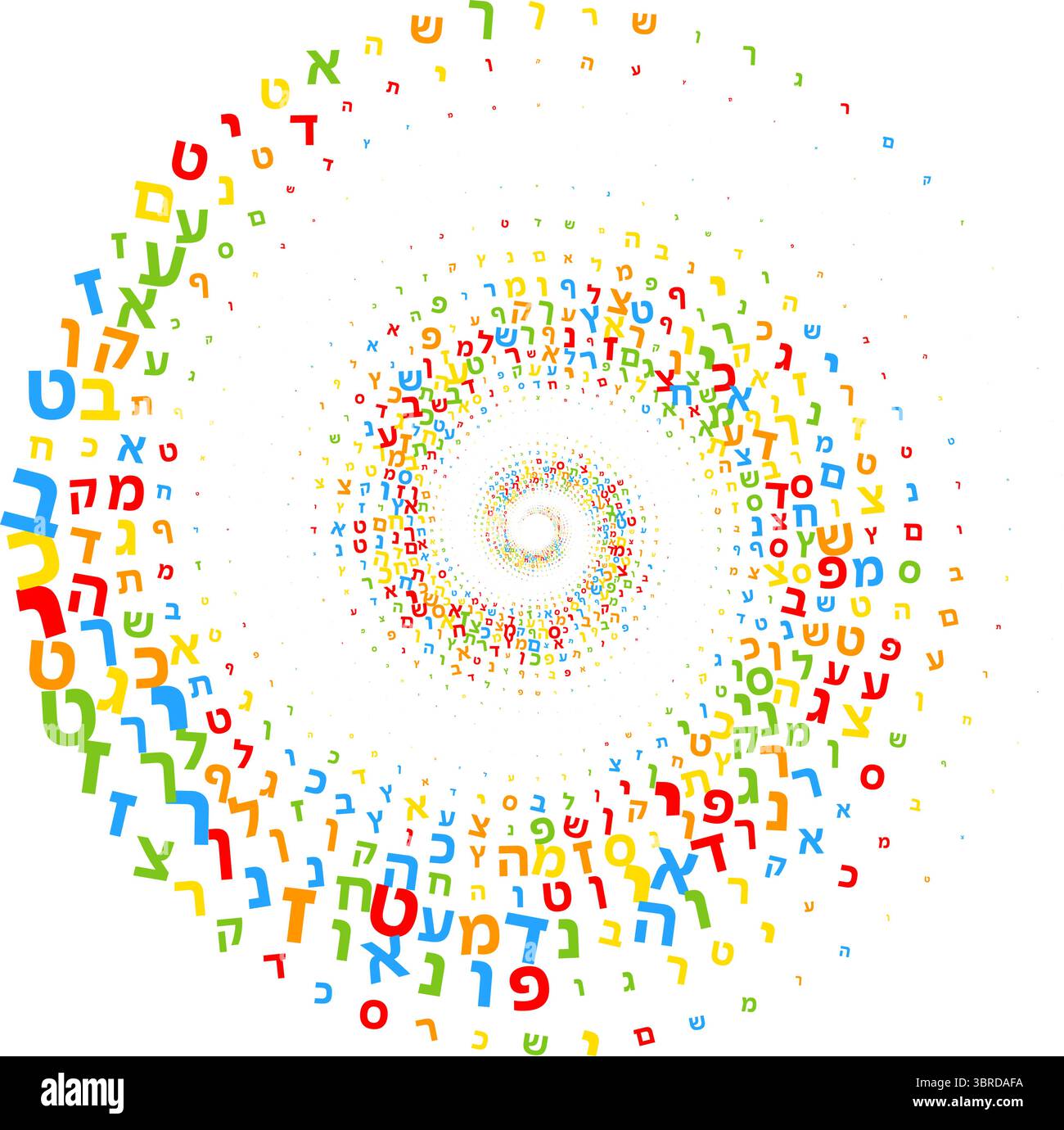 Illustrazione astratta vettoriale di lettini ebraici colorati sparse casualmente alfabeto ebraico a forma di vortice a spirale, composizione dinamica con simboli, Illustrazione Vettoriale