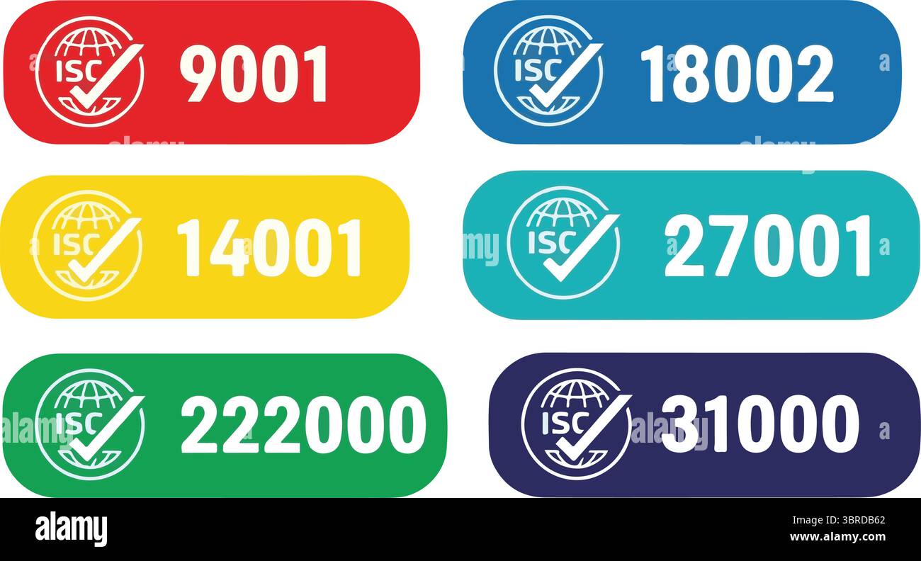 Set di International Organization for Standardization stamp 27001, 22000, 18001, 9001, 14001. Set di standard ISO più diffusi. Firma del sistema di gestione. Illustrazione Vettoriale