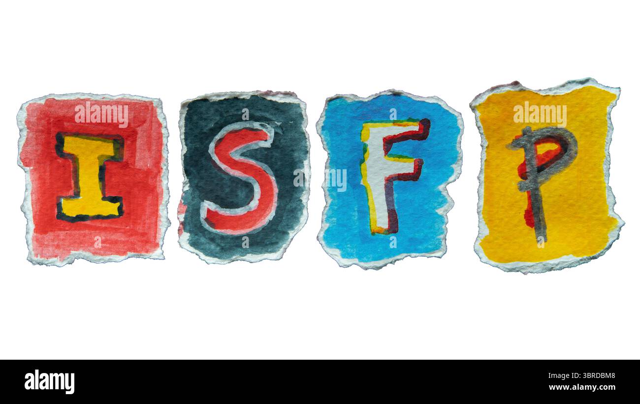 ISFP o avventuriero è un tipo di personalità con tratti introversi, osservanti, sensazioni e potenziali. Alfabeti creati con la tecnica dell'acquerello Foto Stock