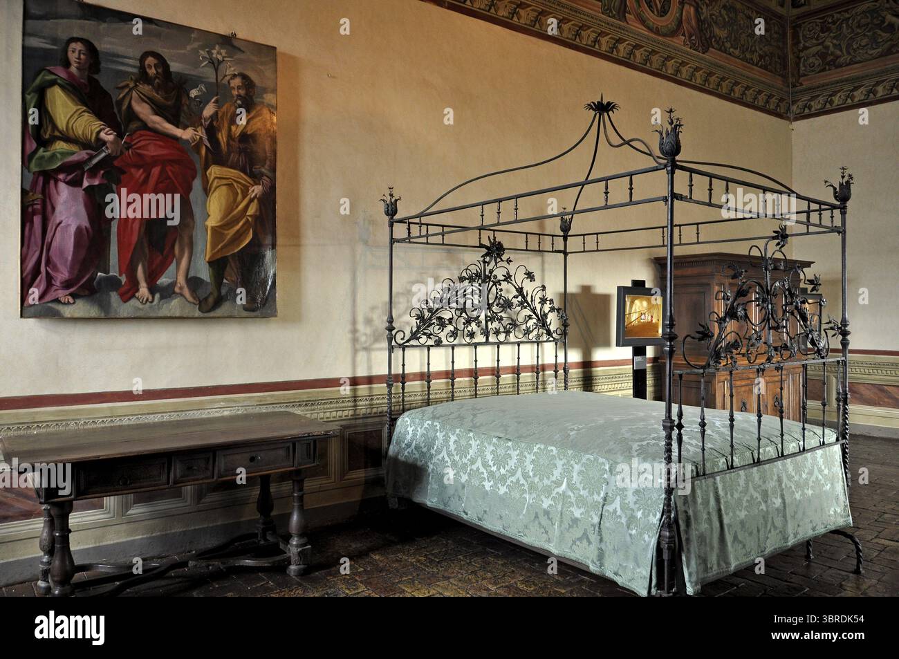 Castello Orsini fortezza Odescalchi, letto barocco con baldacchino, intorno al 1600, sala del Bobolaccio, interno, museo, centro storico, Bracciano, metropol Foto Stock