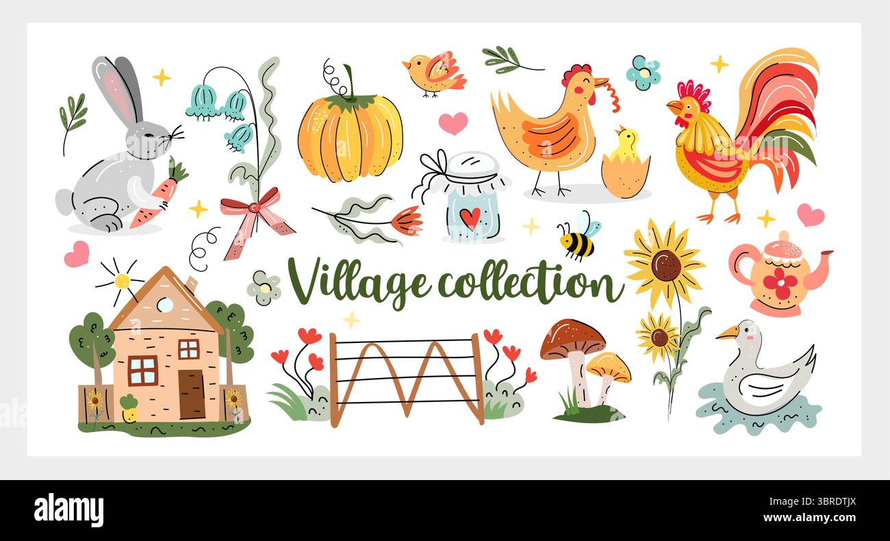 Set di vettori disegnati a mano della Collezione illage con animali da fattoria, girasoli, verdure, funghi, casa accogliente e graziosi scarabocchi di campagna. Perfetto per Illustrazione Vettoriale