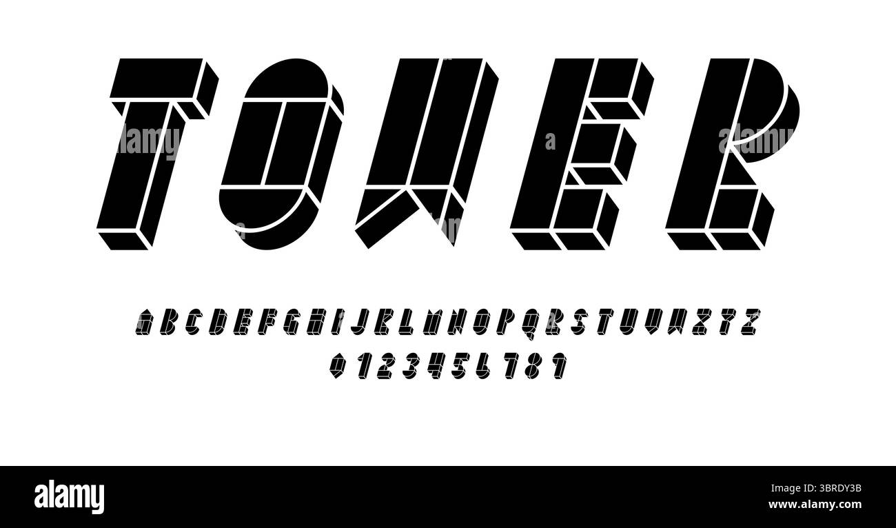 Set di caratteri alfabetici lettere e numeri di carattere moderno design astratto con forme geometriche con illustrazione vettoriale del concetto 3D. Illustrazione Vettoriale