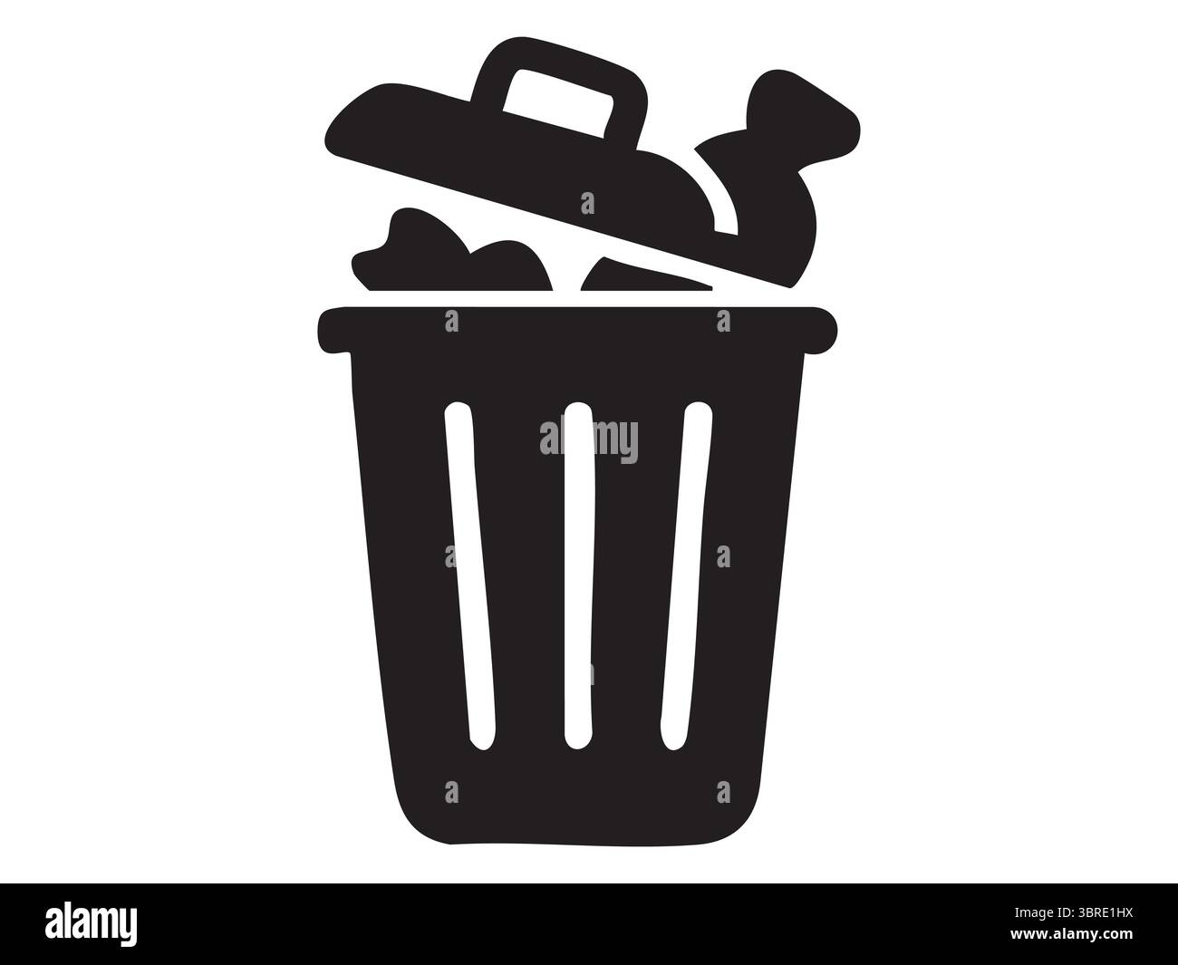 Silhouette nera del contenitore dei rifiuti con coperchio e scarti all'interno, isolata su sfondo bianco, illustrazione grafica. concetto di spazzatura, gestione dei rifiuti, rec Illustrazione Vettoriale