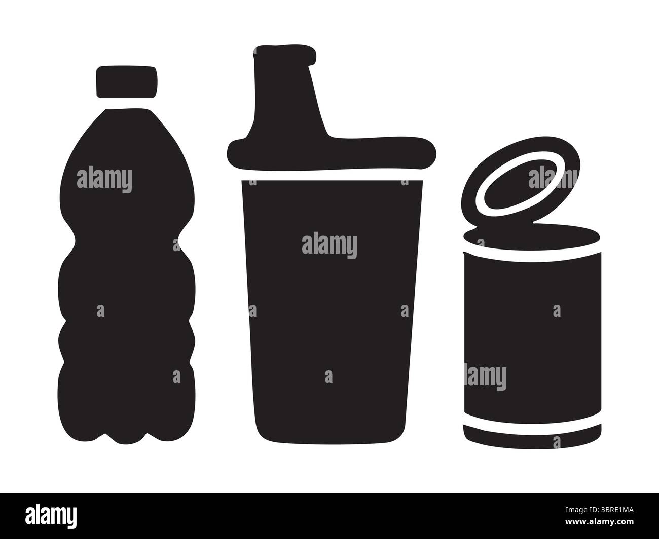 Silhouette nera di flacone in plastica, agitatore e contenitore in alluminio isolato su sfondo bianco, illustrazione grafica. concetto di inquinamento, gestione dei rifiuti Illustrazione Vettoriale