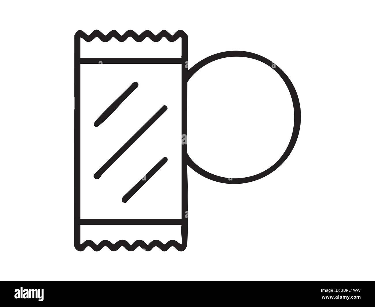 Icona della linea nera dell'involucro in plastica con bordo strappato, isolato su sfondo bianco, illustrazione grafica. Concetto di inquinamento da rifiuti, usa e getta Illustrazione Vettoriale