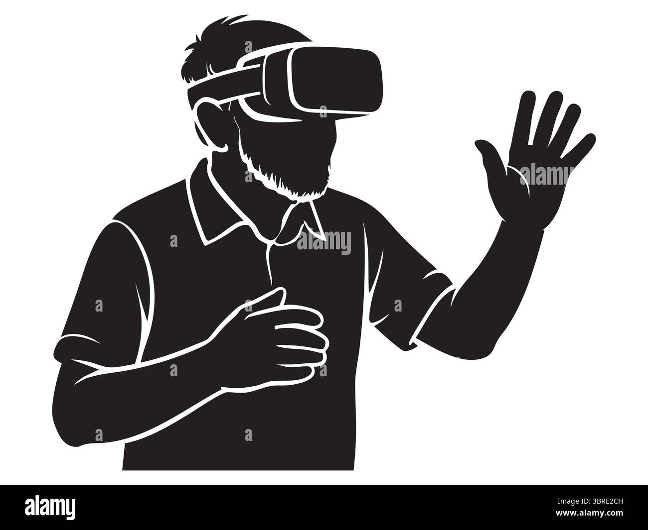 Silhouette nera di un uomo anziano che indossa un visore vr, alzata a mano, isolata su sfondo bianco, illustrazione grafica. concetto di tecnologia, re virtuale Illustrazione Vettoriale