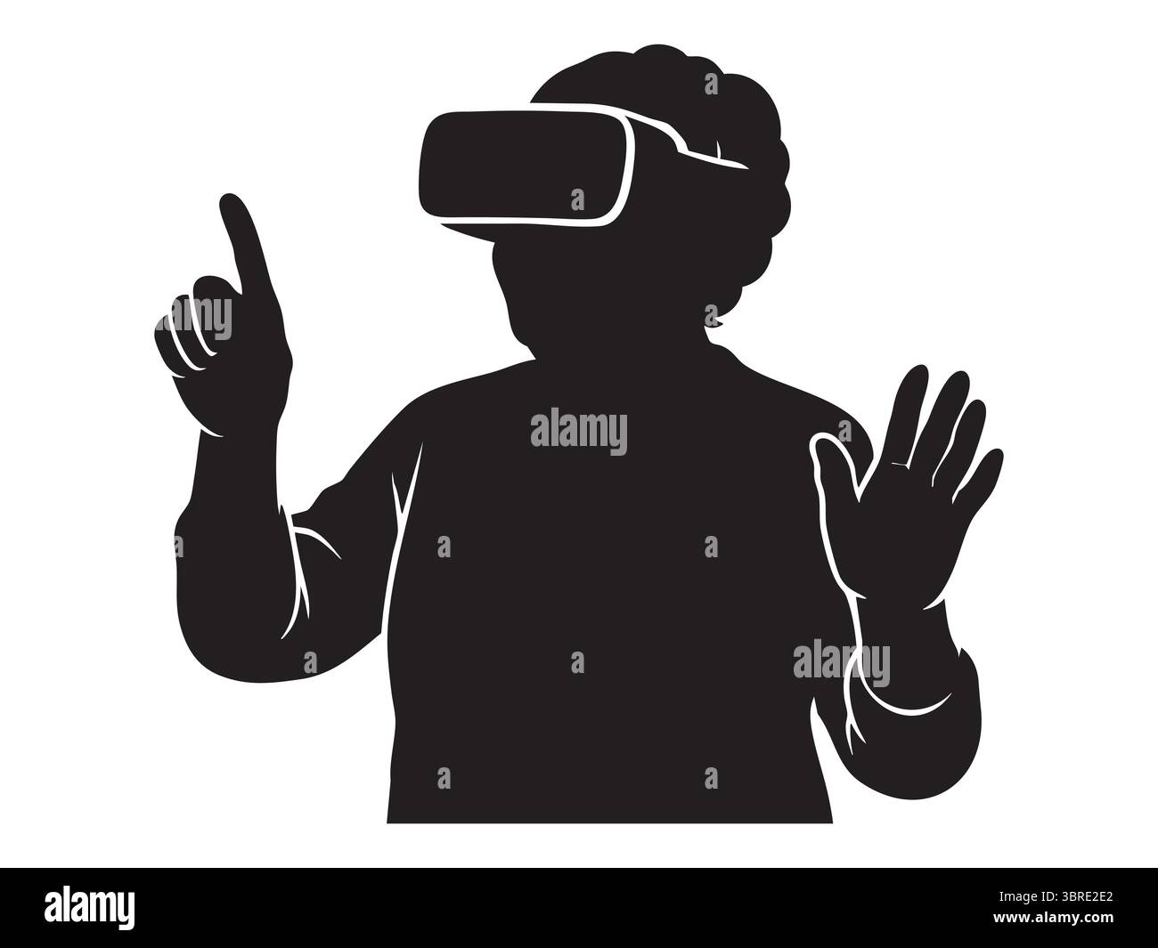 Silhouette di una donna anziana impegnata in un'esperienza di realtà virtuale con visore, illustrazione grafica. concetto di realtà virtuale, tecnologia immersiva, futuristica Illustrazione Vettoriale