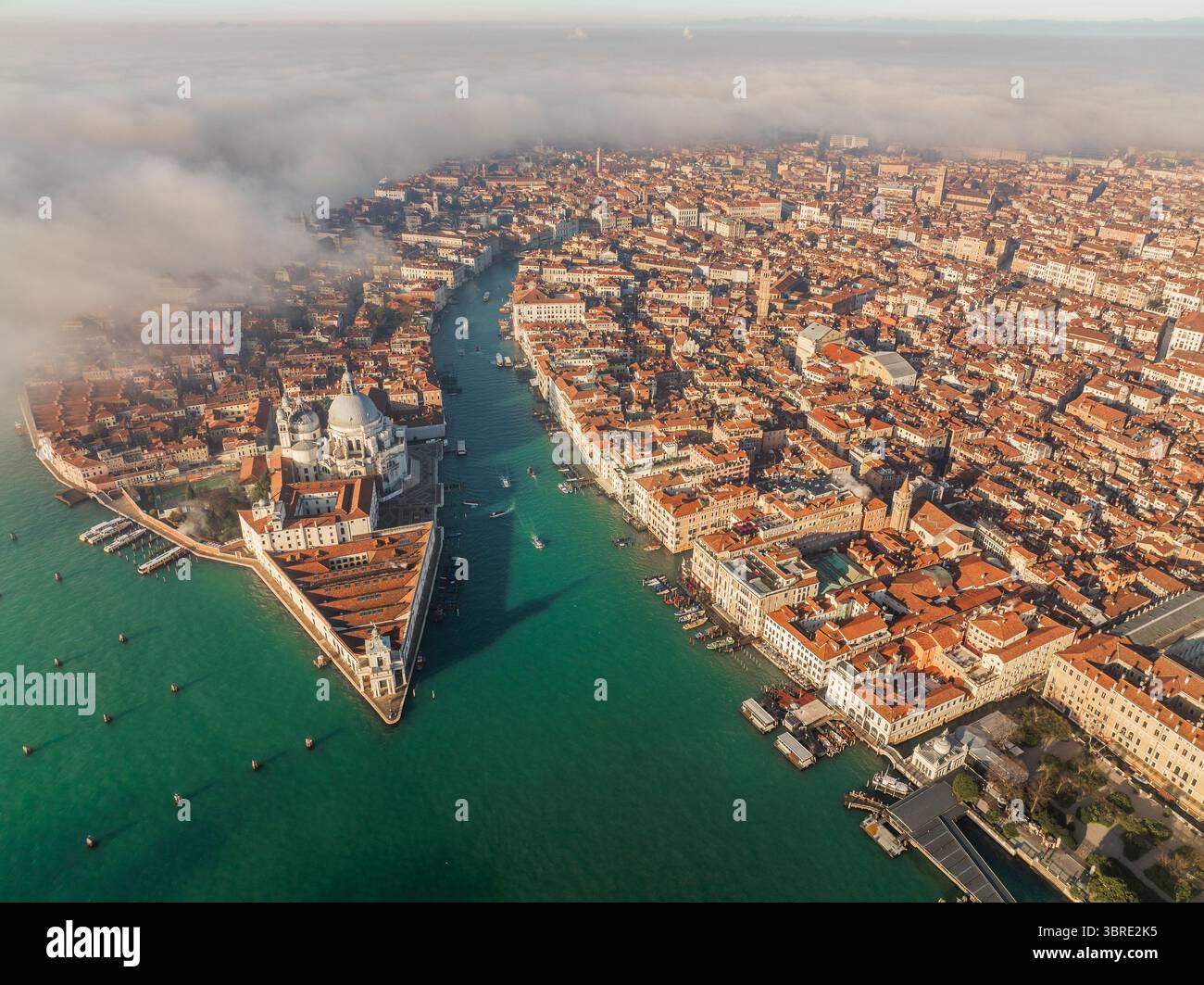 Vista aerea di Santa Maria della salute, maestosa all'ingresso del Canal grande, dove le acque color smeraldo si incontrano con i tetti di terracotta, Venezia, Veneto, Italia. Foto Stock
