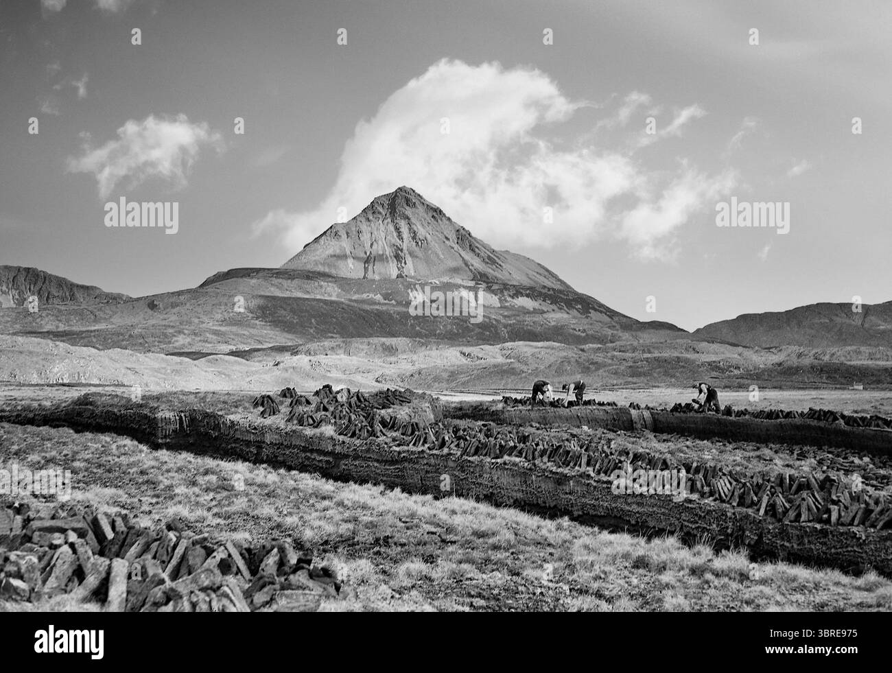 Una fotografia della fine del XIX secolo della gente del posto che scavava torba (erba) da una palude vicino a Dunlewy, sotto il Monte Errigal nella contea di Donegal, Irlanda Foto Stock