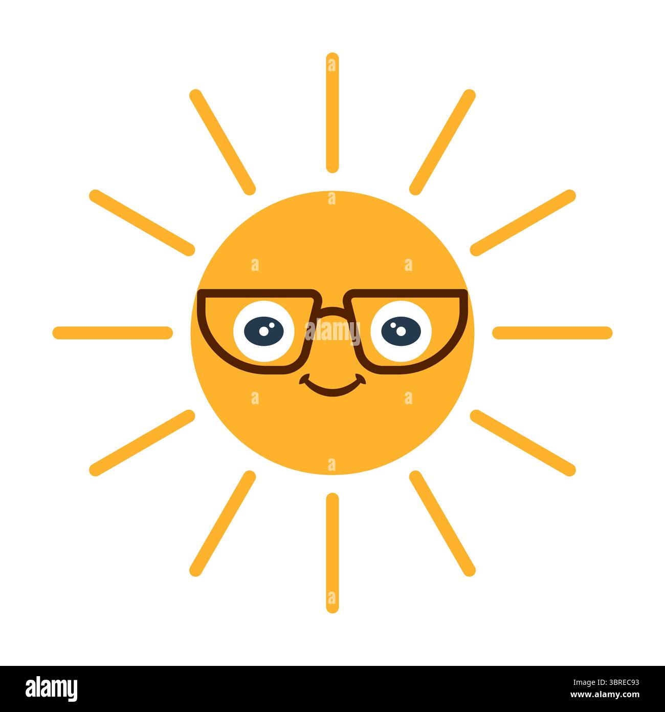 Bel sole con gli occhiali. Illustrazione dei cartoni animati. Un luminoso e rotondo sole da cartone animato con occhi espressivi, un sorriso amichevole e un paio di eleganti occhiali marroni. Illustrazione Vettoriale