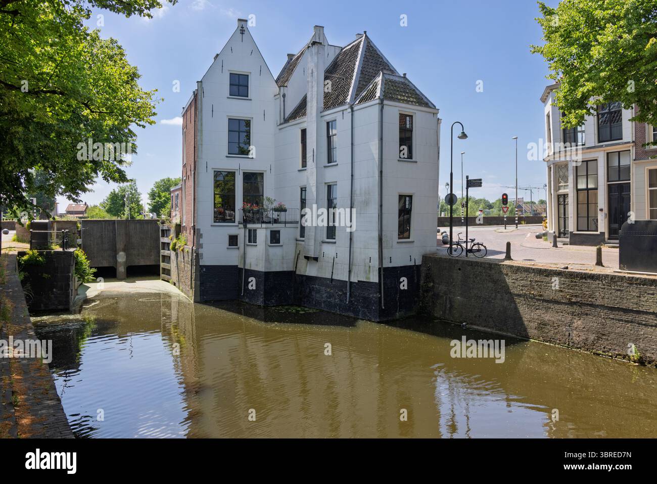 Pittoresche case bianche sui canali olandesi a Gouda, a un incrocio, con un tranquillo corso d'acqua e alberi lussureggianti sotto un cielo azzurro. Foto Stock