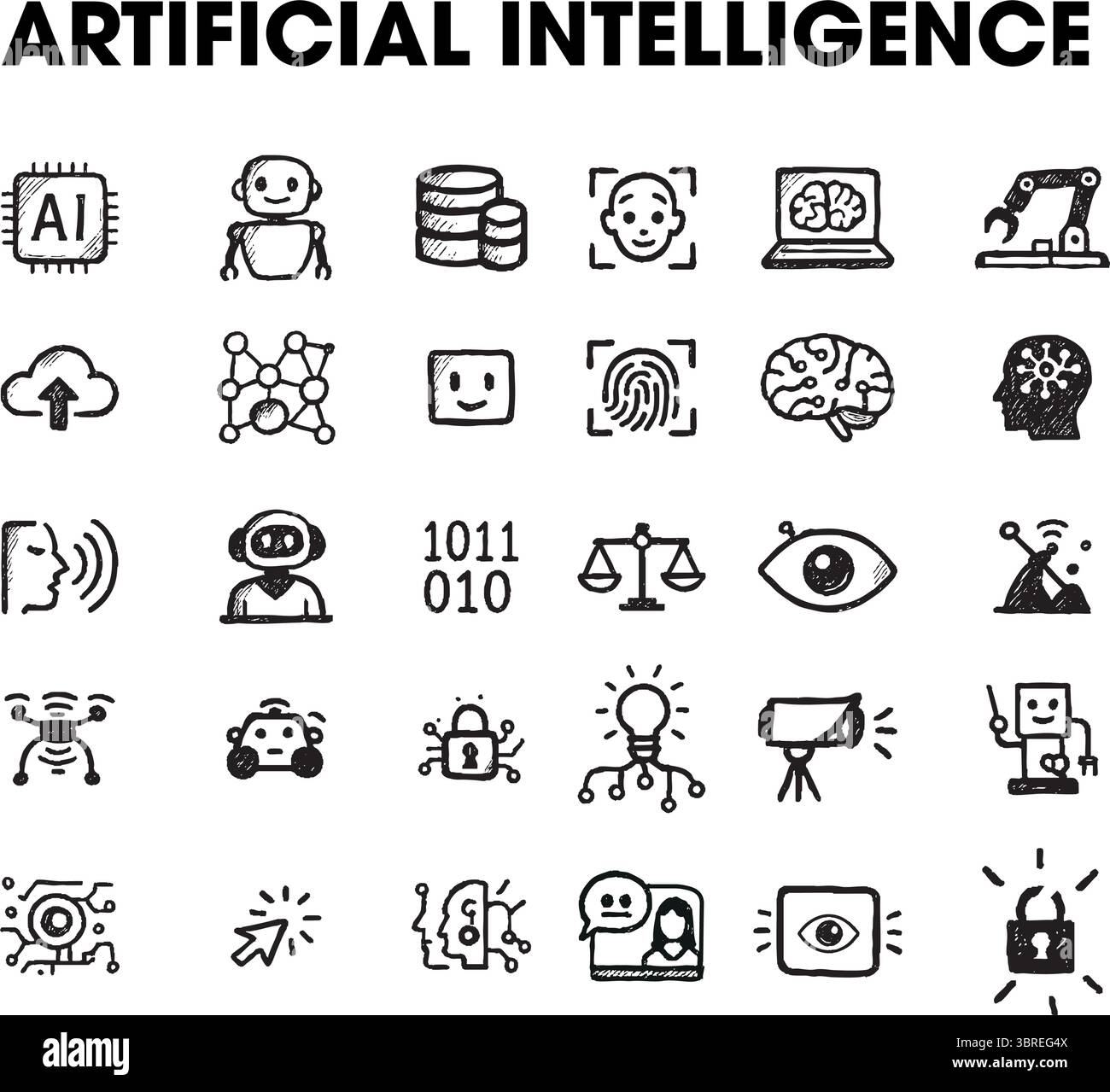 Icone per l'intelligenza artificiale, tra cui droni, satelliti e auto autonome Illustrazione Vettoriale