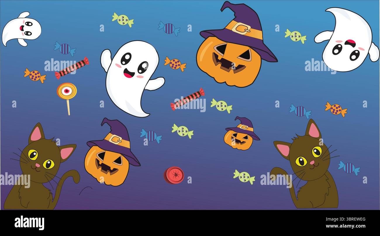 Divertente motivo di Halloween senza cuciture con simpatici fantasmi, sorridenti jack-o'-lanterne con cappelli da streghe, gatti neri e caramelle colorate Illustrazione Vettoriale