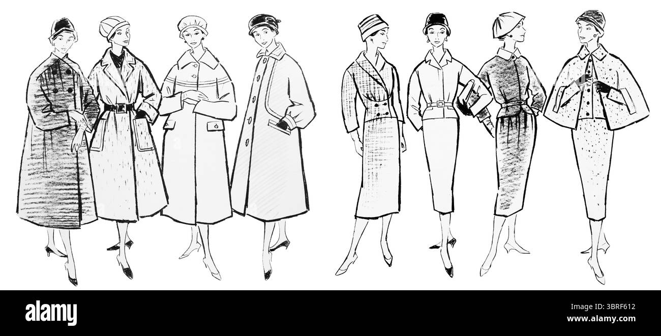 Moda vintage di tutti i giorni degli anni '1950 isolata su bianco, nero e bianco Foto Stock