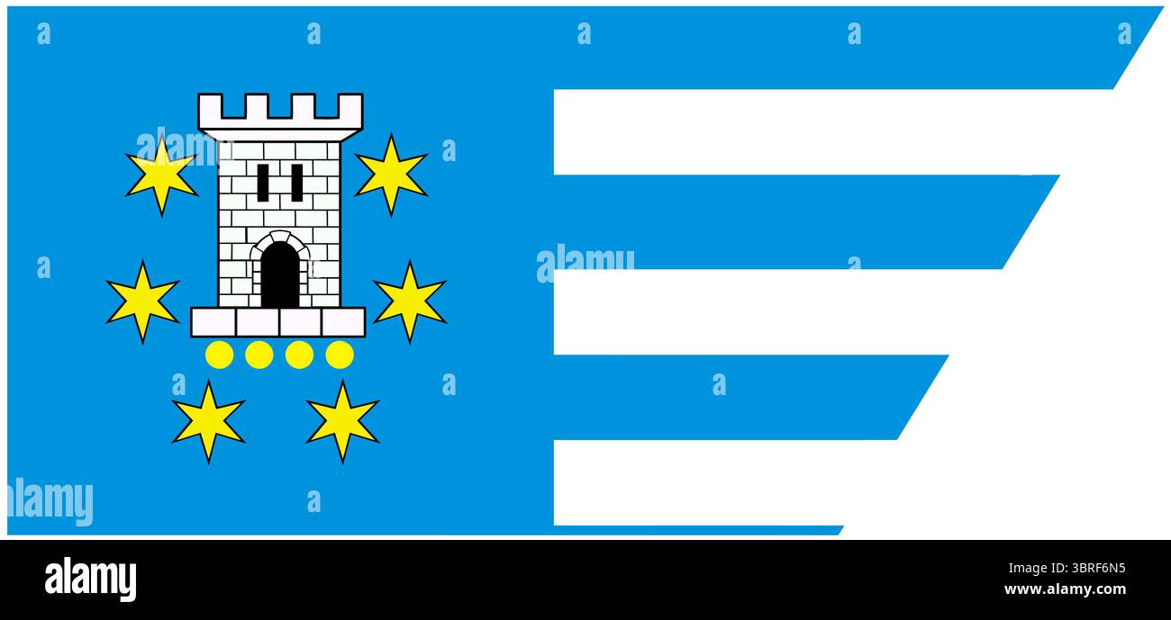 Bandiera del distretto di Pleshevsky, Ucraina – bandiera ufficiale del distretto con elementi blu e gialli e stemma locale, illustrazione vettoriale Illustrazione Vettoriale