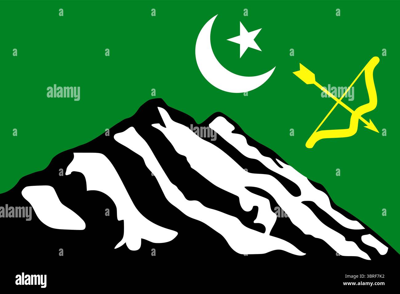Bandiera dello stato di Hunza (stato principesco): Campo verde con stella a mezzaluna bianca sopra la silhouette nera della montagna e arco e freccia dorati, vettore Illustrazione Vettoriale