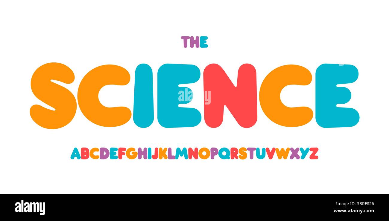 Carattere didattico Kid Science, alfabeto colorato STEM per titoli scientifici, divertente gioco scientifico e design tipografico del libro delle lezioni. Vettore moderno Illustrazione Vettoriale