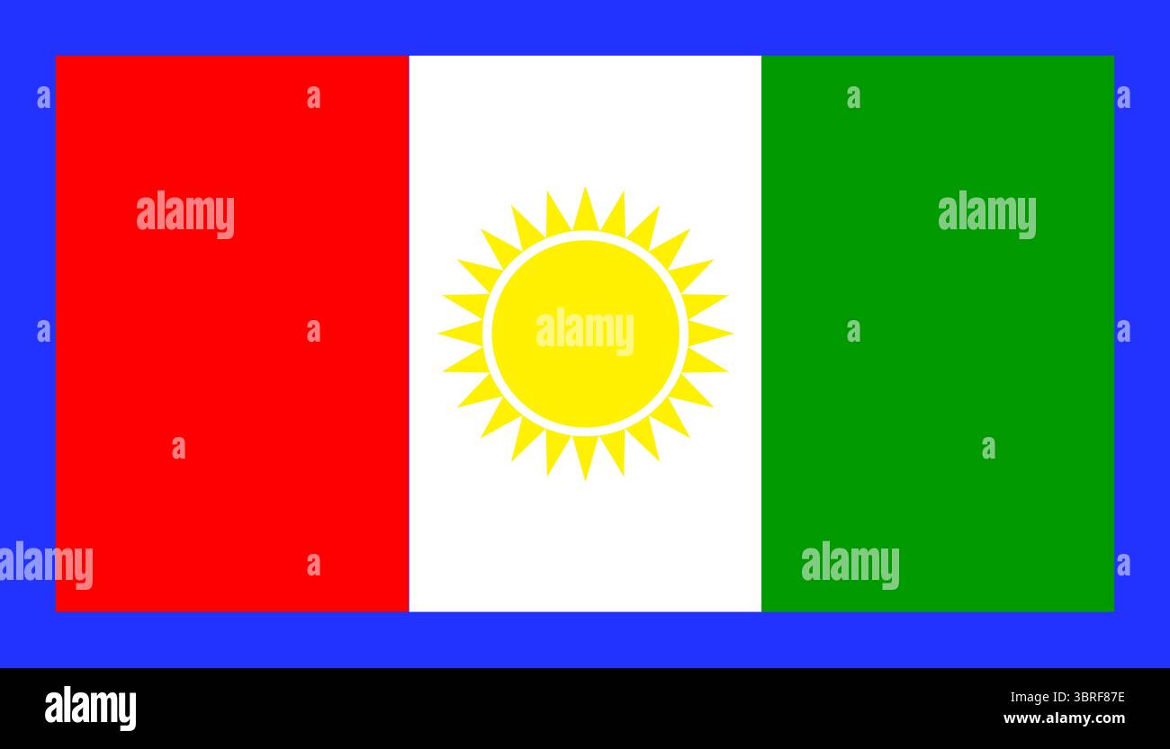 Bandiera della Provincia del Nord, Sri Lanka – strisce verticali rosse, bianche e verdi con al centro il sole giallo, circondate da un confine blu che rappresenta l’oceano, Illustrazione Vettoriale