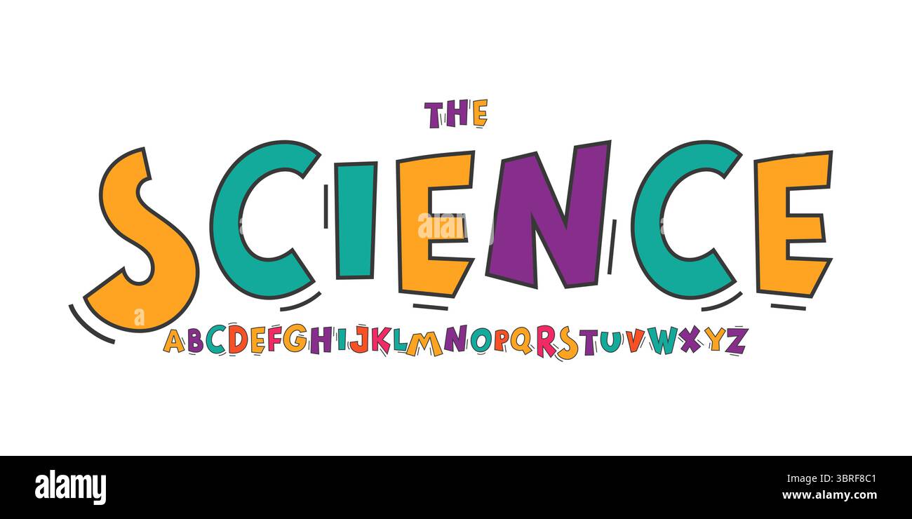 Font per l'educazione scientifica, alfabeto funky cartoni animati futuristico per titoli scientifici, logo educativo per bambini, tipografia di libri per bambini, divertimento Illustrazione Vettoriale