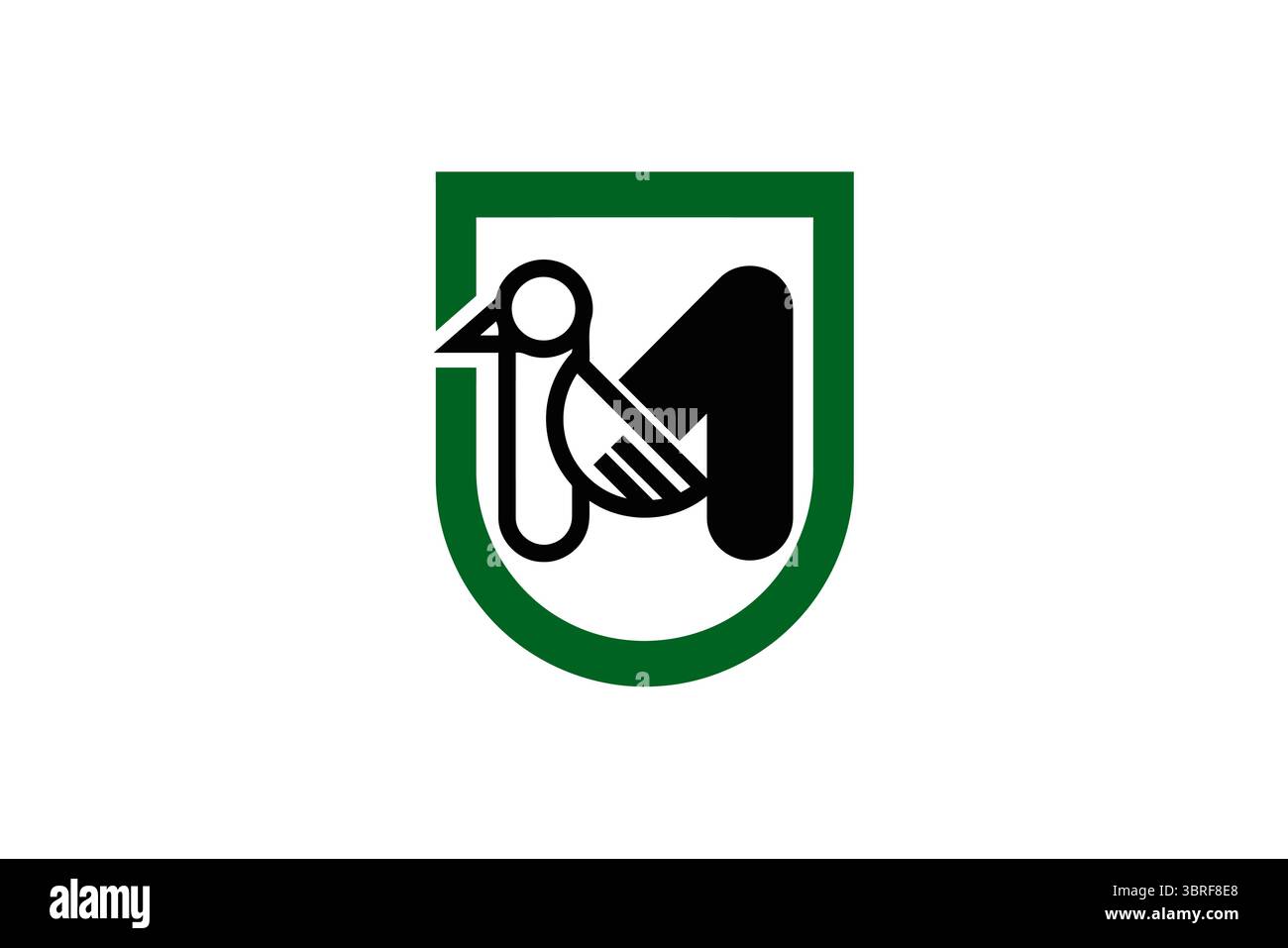 Bandiera delle Marche, Italia – bandiera regionale ufficiale con campo bianco e emblema con picchio stilizzato e lettera M, adottata nel 1995, vettoriale Illustrazione Vettoriale