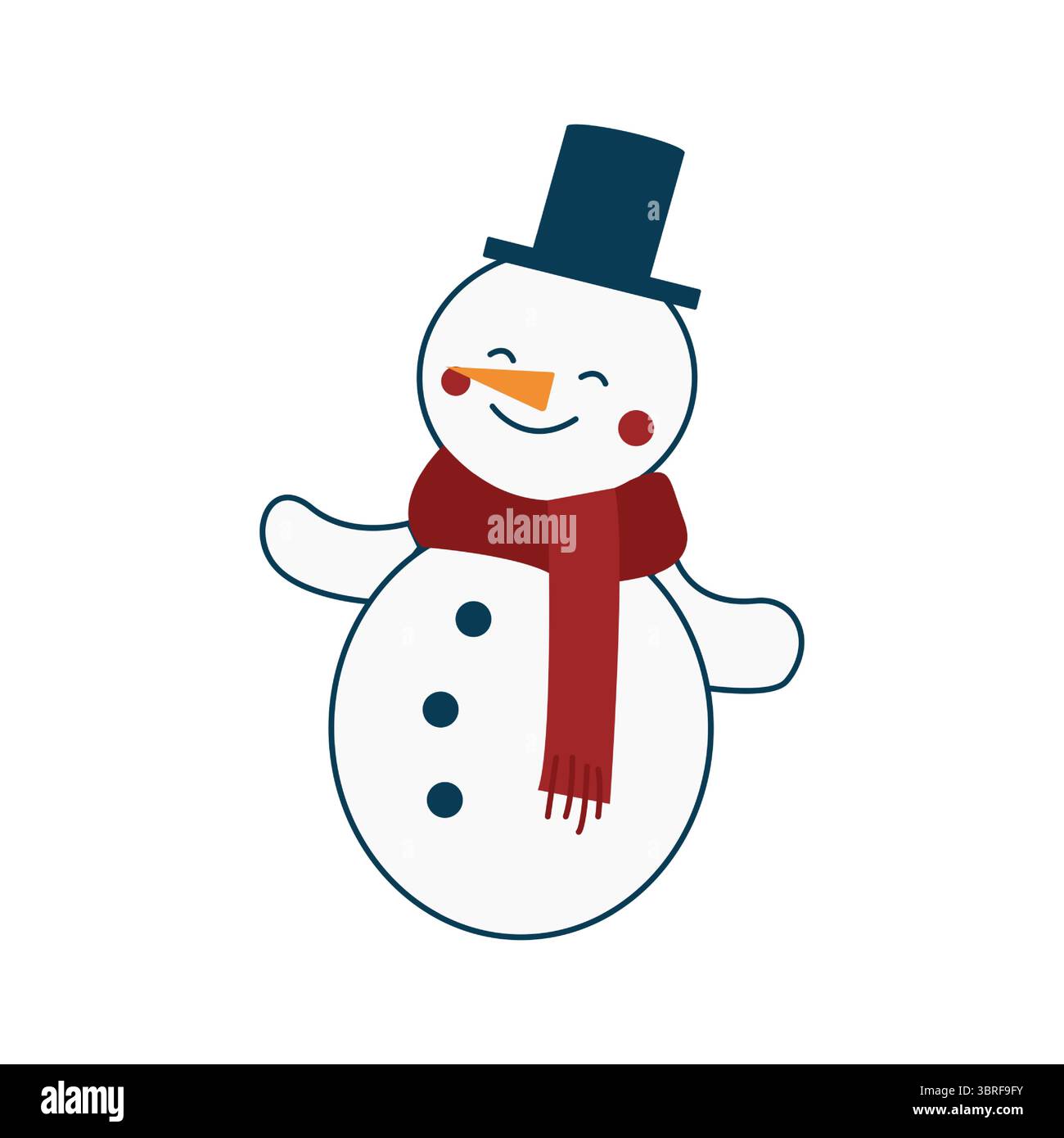 Simpatico pupazzo di neve natalizio con cappello nero e sciarpa rossa su sfondo bianco. Divertente illustrazione vettoriale dei cartoni animati. Elemento di design per Capodanno e Natale Illustrazione Vettoriale