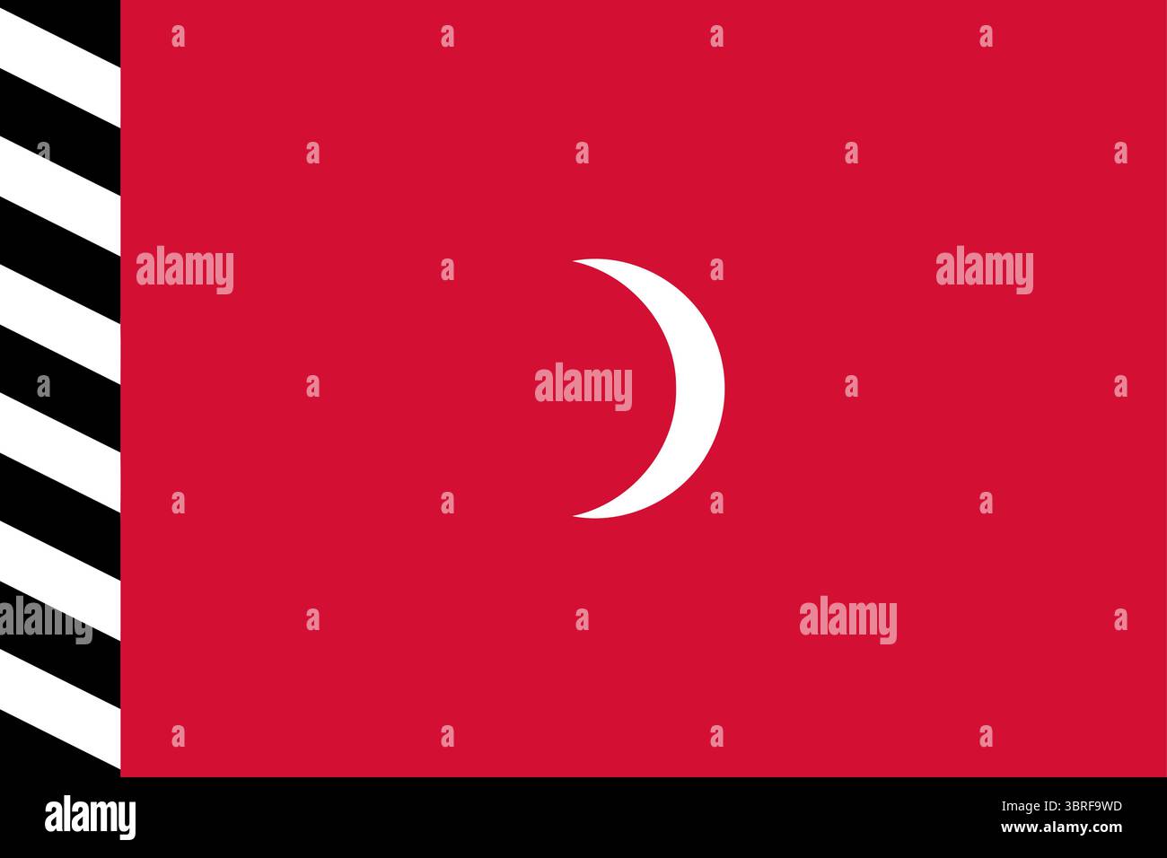 Old National Flag of the Maldives (1926-1953) - campo rosso con paranco a righe bianco-nero e mezzaluna bianca su pannello verde, design dell'era del Sultanato Illustrazione Vettoriale