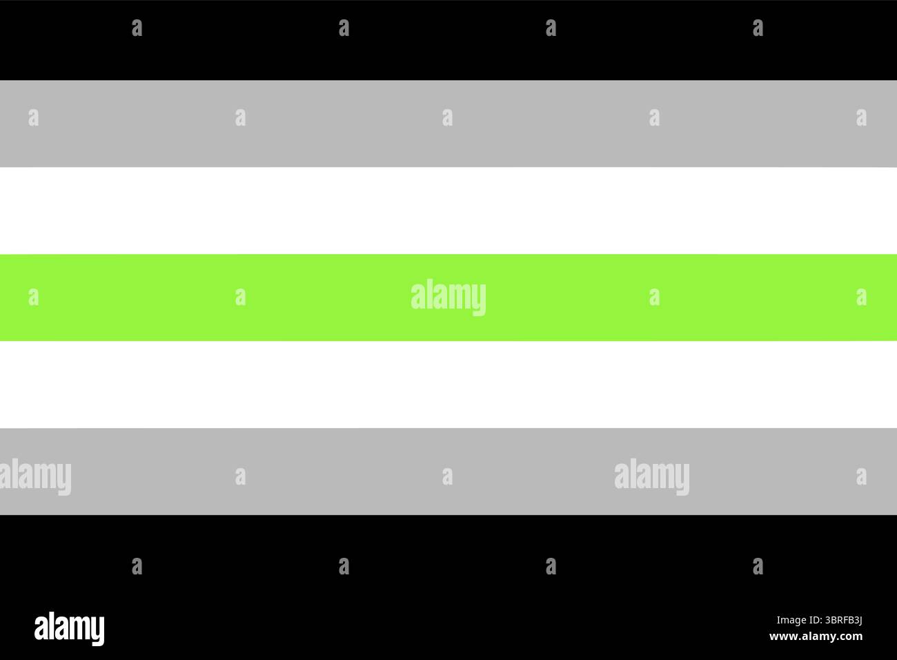 Bandiera Agender Pride: Strisce orizzontali minimaliste in nero, grigio, bianco e verde che simboleggiano la neutralità di genere e l'identità non binaria Illustrazione Vettoriale