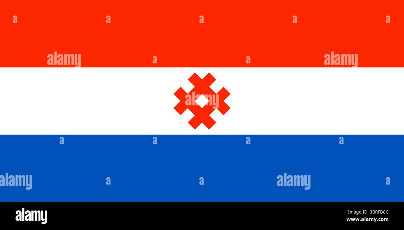 Bandiera di Komi‑Permyak Okrug (Permyakia), Russia – illustrazione vettoriale ufficiale del tricolore orizzontale rosso‑bianco‑blu con emblema perna, design piatto Illustrazione Vettoriale