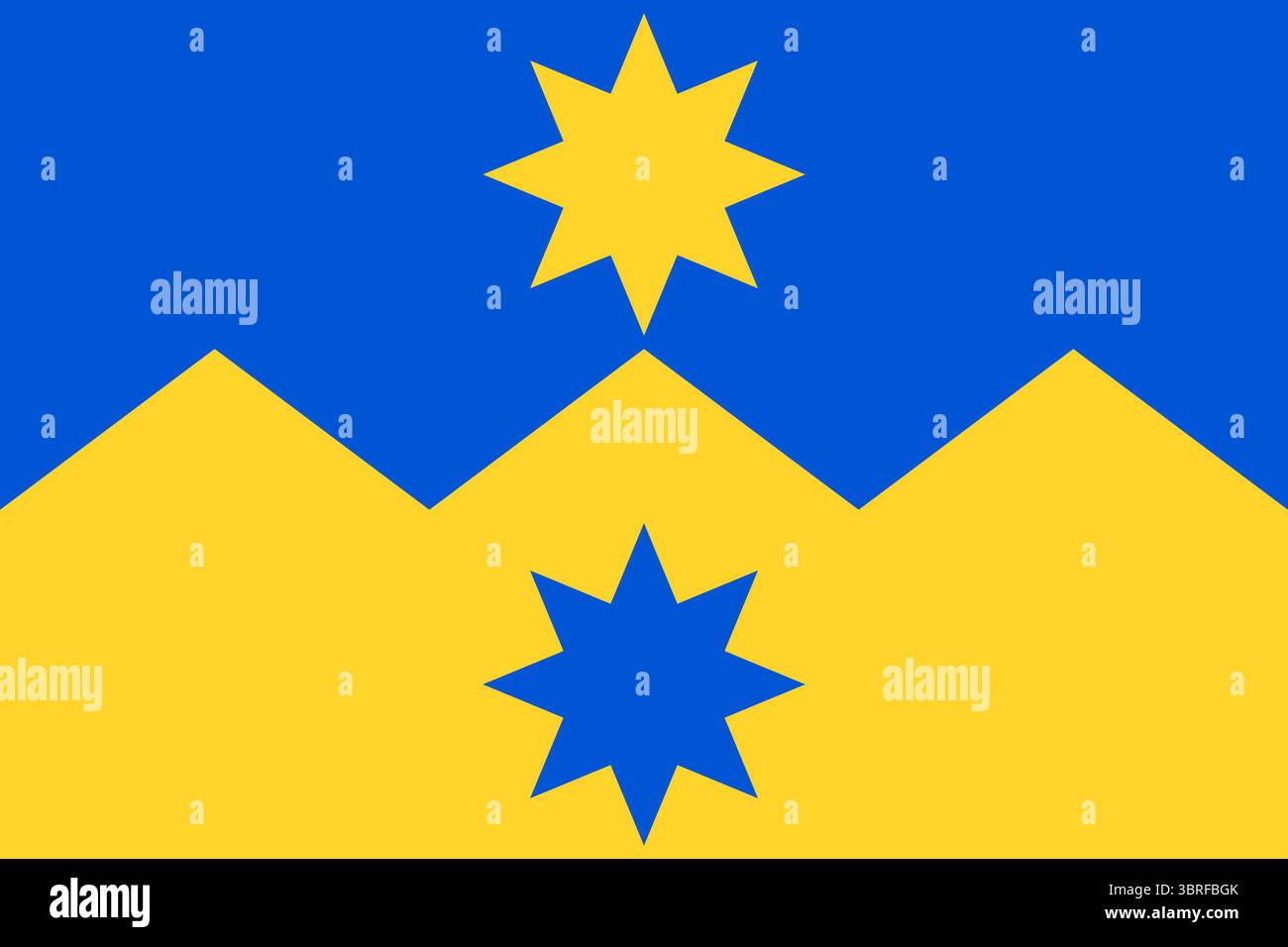 Bandiera della regione di Otago, nuova Zelanda – pianure blu e oro divise per zigzag (fess dancetty), con due stelle contraffatte a otto punte Illustrazione Vettoriale