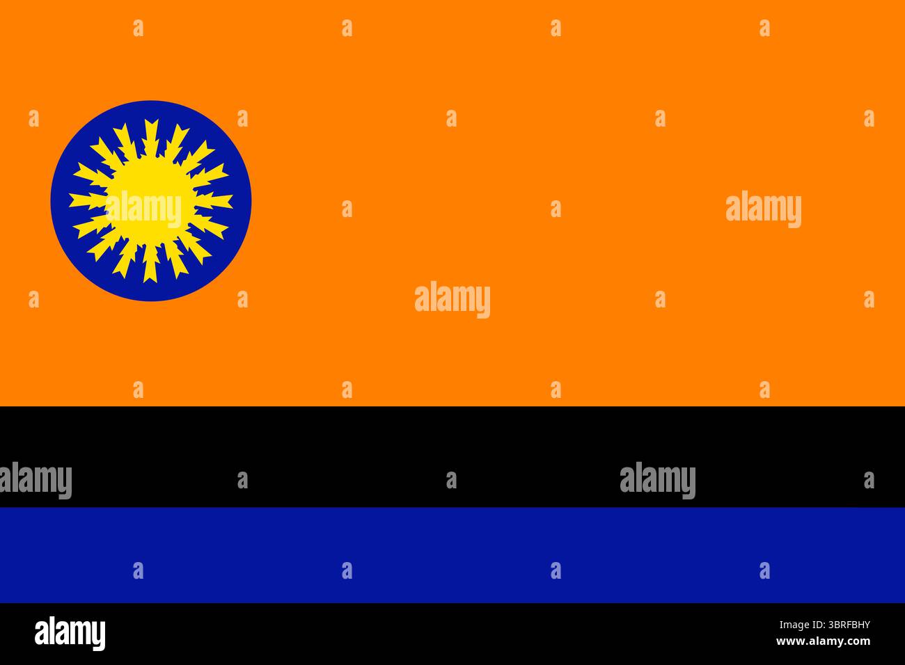 Bandiera dello Stato di Cojedes, Venezuela: Tricolore orizzontale arancione-nero-blu con disco blu e sole dorato, illustrazione vettoriale, design piatto Illustrazione Vettoriale