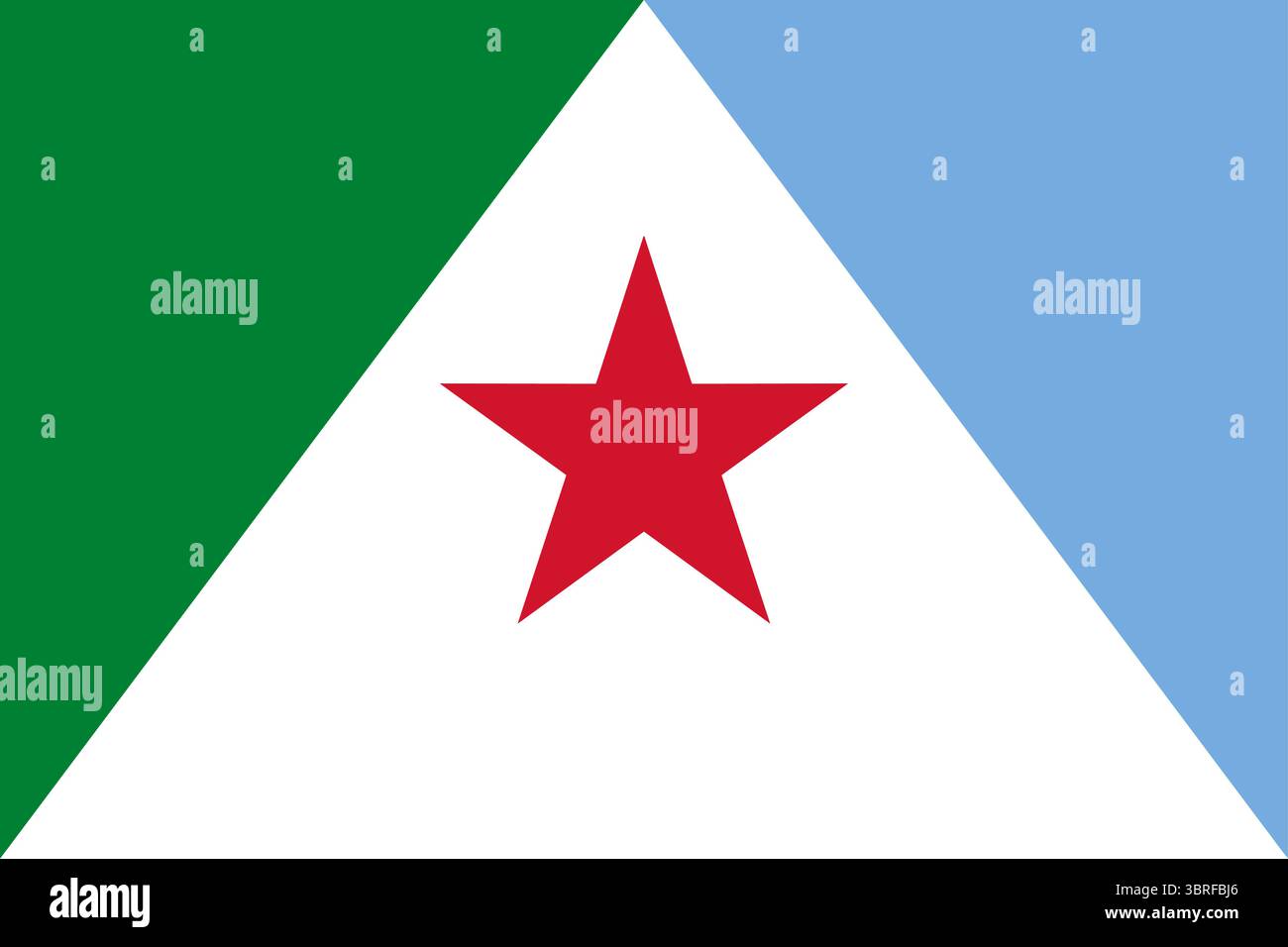 Bandiera dello Stato di Mérida, Venezuela: Design triangolare con campi verde smeraldo, bianco, blu cielo e stella rossa a cinque punte al centro Illustrazione Vettoriale