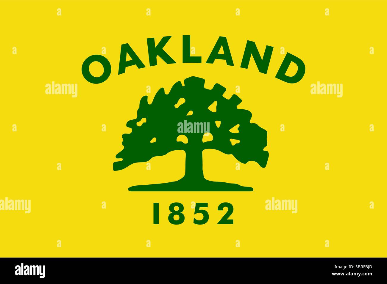 Bandiera di Oakland, California, Stati Uniti – campo giallo canarino con quercia verde centrale, testo verde “OAKLAND” sopra, “1852” sotto, illustrazione vettoriale Illustrazione Vettoriale
