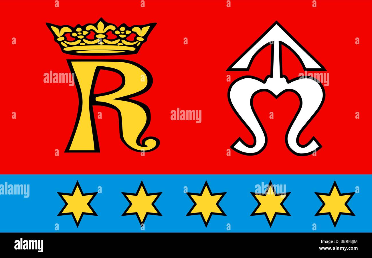 Bandiera della contea di Ropczyce‑Sędziszów, Polonia – illustrazione vettoriale ufficiale della contea, rossa su bande blu con la "R" coronata gialla e freccia bianca Illustrazione Vettoriale