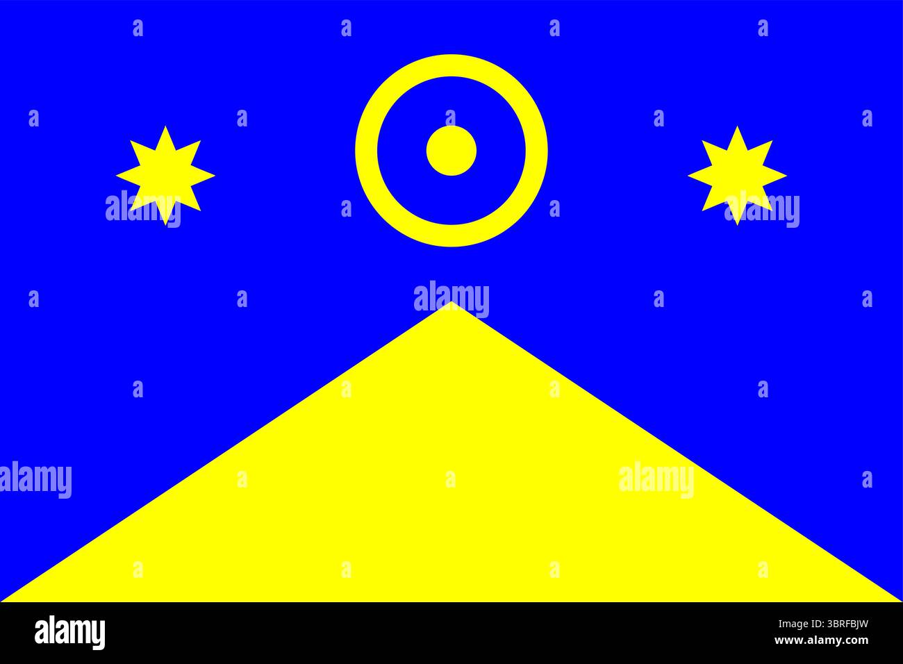 Bandiera di Novoukrainka Raion, Oblast di Kirovohrad, Ucraina – campo blu con base triangolare dorata, cerchio solare e due stelle a otto punte Illustrazione Vettoriale