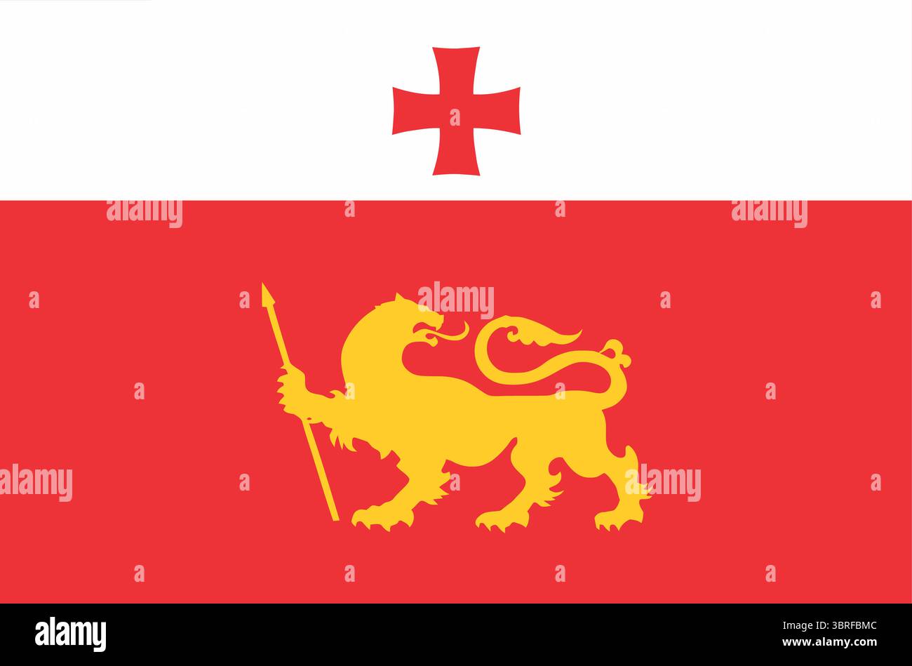 Bandiera del comune di Dmanisi, Georgia – bicolore orizzontale bianco-rosso con croce georgiana rossa e leone giallo con lancia, illustrazione vettoriale Illustrazione Vettoriale