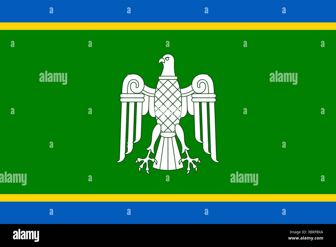 Bandiera ufficiale dell'Oblast' di Chernivtsi, Ucraina: Bandiera regionale con simbolo araldico, strisce blu e verdi, bandiera storica della Bucovina Illustrazione Vettoriale