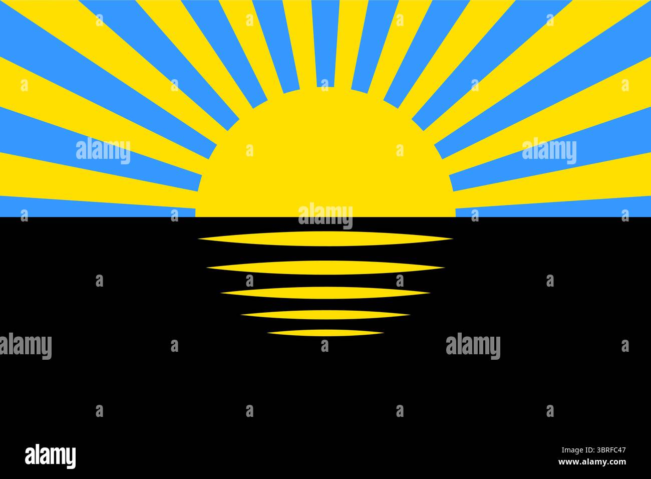 Bandiera dell'Oblast' di Donetsk, Ucraina - bicolore orizzontale blu e nero con sole dorato nascente e 12 raggi, illustrazione vettoriale, design piatto Illustrazione Vettoriale