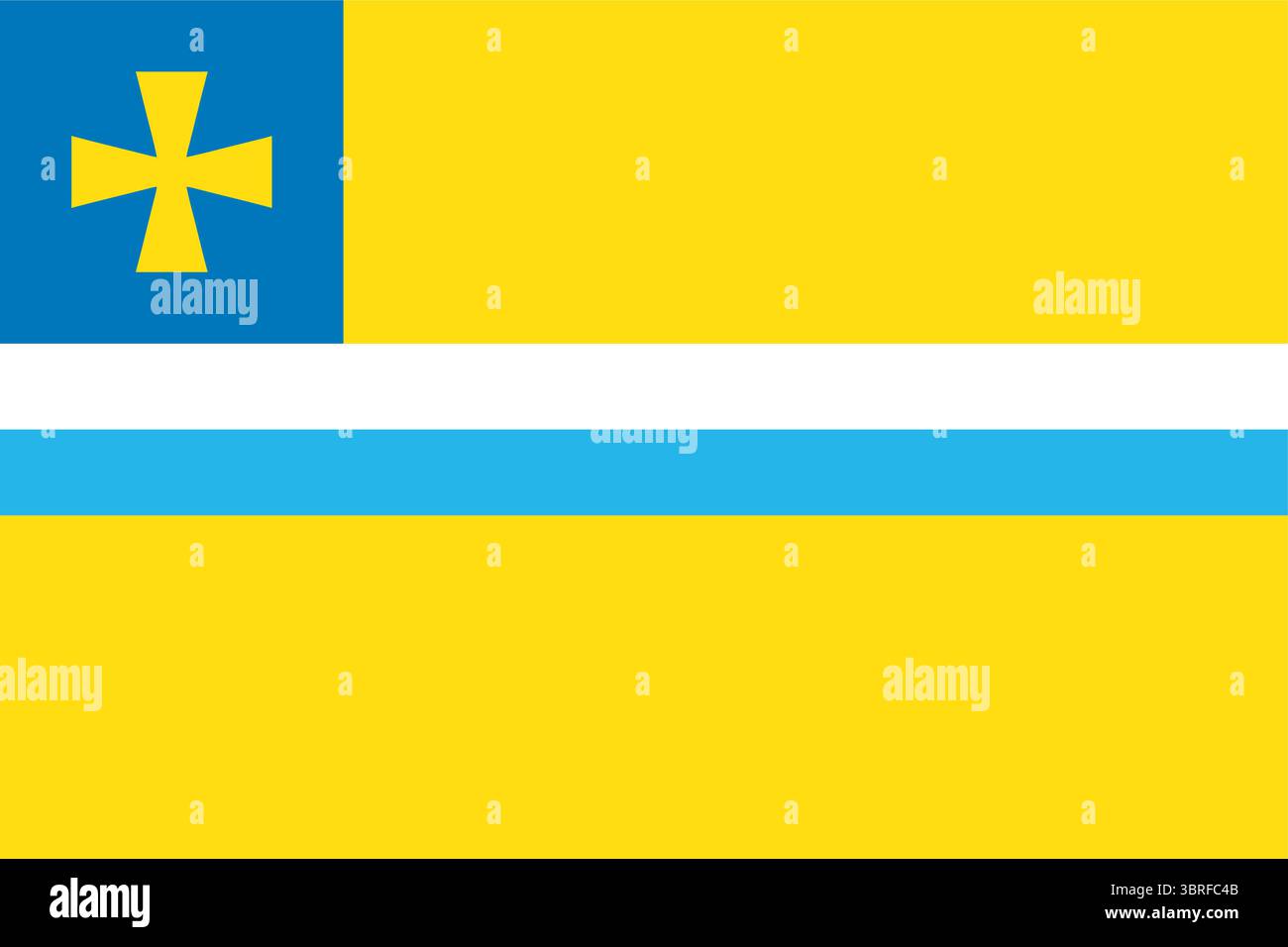 Bandiera di Kremenchuk Raion Poltava Oblast Ucraina – illustrazione vettoriale ufficiale del distretto campo giallo con strisce bianche e blu e croce gialla Illustrazione Vettoriale