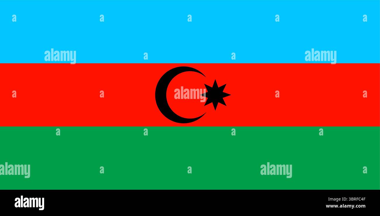 Bandiera dell'Azerbaigian meridionale (variante Elchibey) - bandiera di movimento non ufficiale con bande orizzontali blu-rosso-verde e stella solare bianca a otto punte Illustrazione Vettoriale