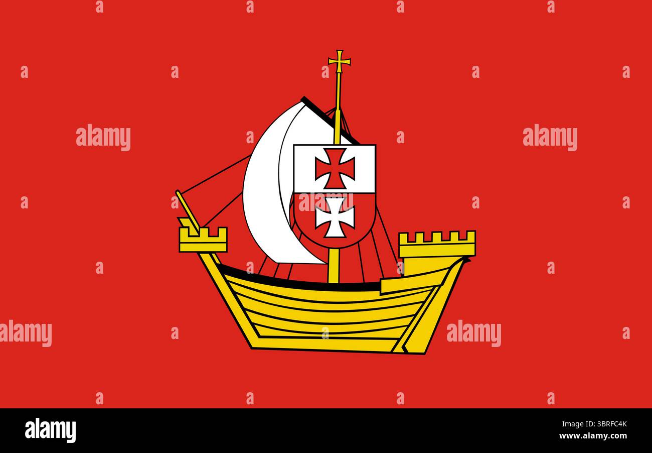 Bandiera della contea di Elbląg - campo rosso con lo stemma della contea al centro, illustrazione vettoriale, design piatto Illustrazione Vettoriale
