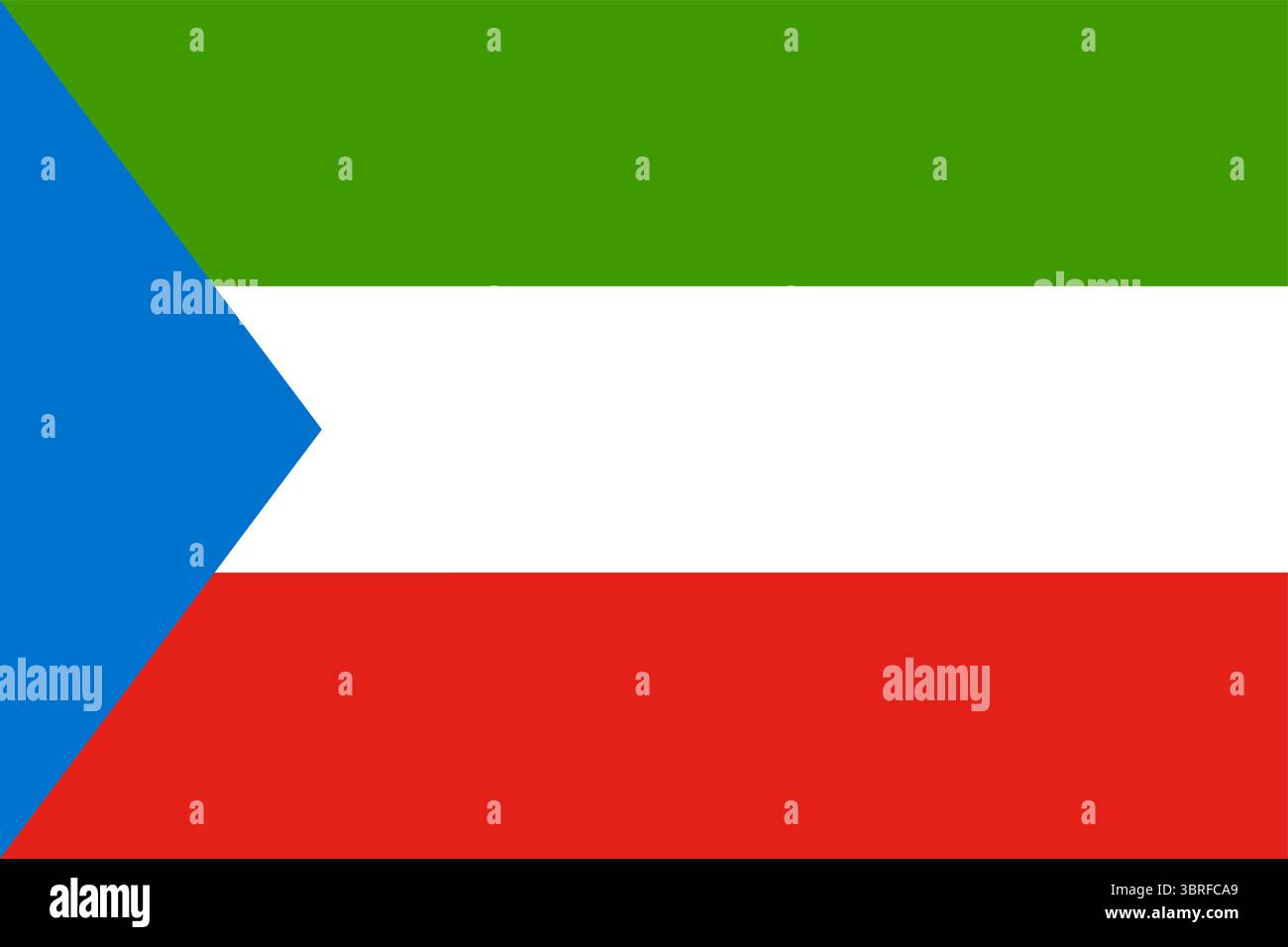 Bandiera della Guinea Equatoriale – illustrazione vettoriale ufficiale della bandiera nazionale, strisce orizzontali verdi, bianche e rosse con triangolo blu e stemma Illustrazione Vettoriale