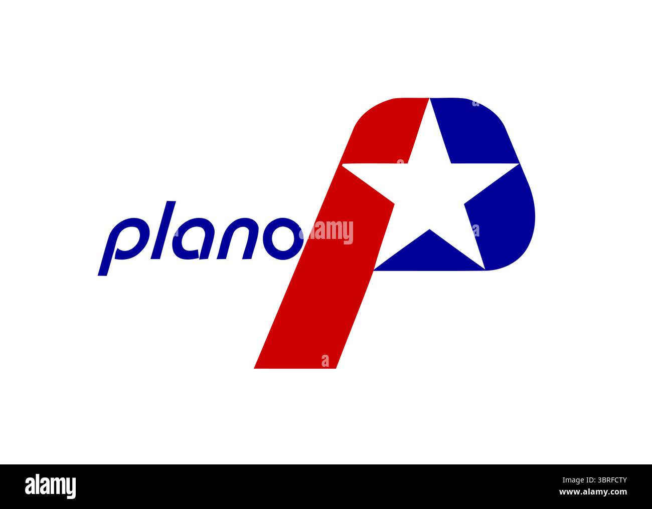 Bandiera ufficiale di Plano, Texas, Stati Uniti: Campo bianco con emblema a stella "P" rosso e blu stilizzato e nome della città, bandiera municipale americana Illustrazione Vettoriale