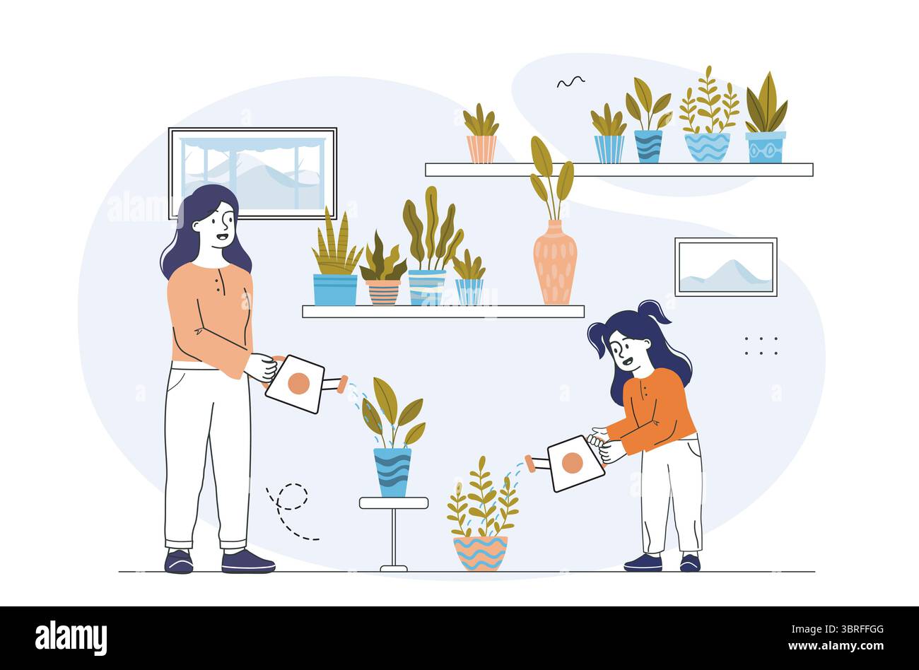 Piante da annaffiare madre e figlia. Illustrazione vettoriale Illustrazione Vettoriale